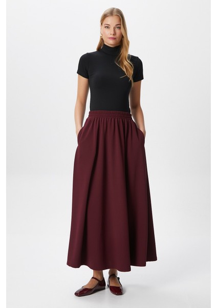 Kadın Luna Bel Lastikli Cepli Bordo Uzun Maxi Boy Etek
