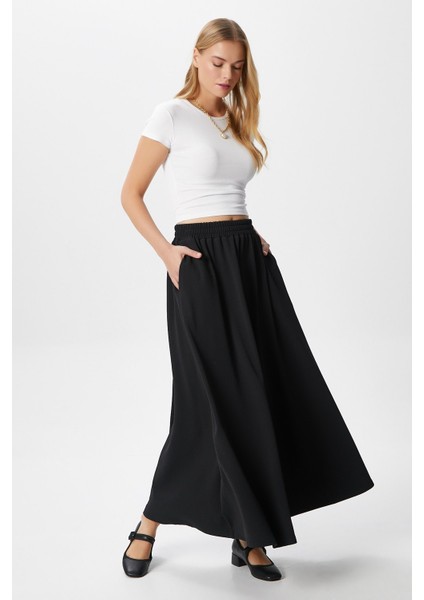 Kadın Luna Bel Lastikli Cepli Siyah Uzun Maxi Boy Etek