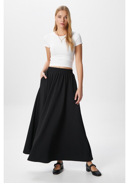 Kadın Luna Bel Lastikli Cepli Siyah Uzun Maxi Boy Etek fırsatları