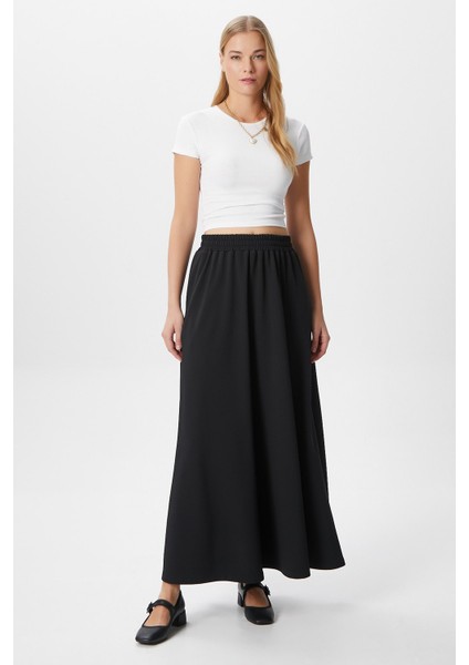Kadın Luna Bel Lastikli Cepli Siyah Uzun Maxi Boy Etek