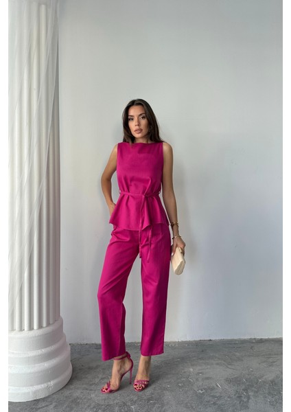 AYDOGANTICARET44 Keten Bluz - Pantolon Takım Massimo Modelscreat Kumaş - Fuşya fırsatları