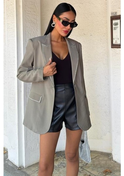 Taş Detaylı ve Kruvaze Yakalı Viskon kadın Blazer Ceket Haki