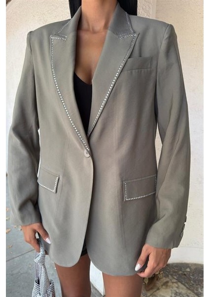Taş Detaylı ve Kruvaze Yakalı Viskon kadın Blazer Ceket Haki fiyatları