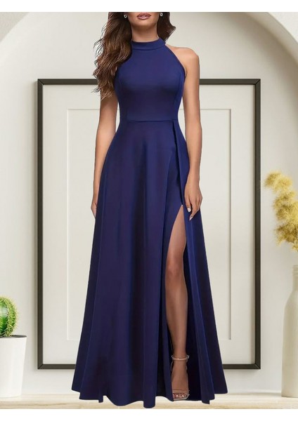 AYDOGANTICARET44 Kadın Halter Yaka Derin Yırtmaç Detaylı Tam Boy Janjan Krep Abiye Elbise