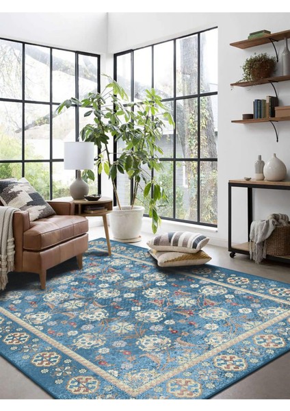 Vitage Mavi Klasik Desen Eskitme Model Dokuma Taban Kilim modelleri