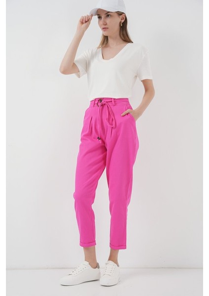 AYDOGANTICARET44 6660 Kemerli Keten Pantolon - Fuşya modelleri