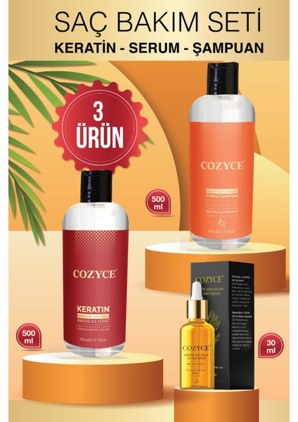 Brezilya Fönü Keratin 500 ml + Argan Saç Serum 30 ml + Argan Yağı & Keratin Tuzsuz Şampuan 500 ml