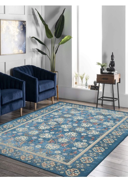Vitage Mavi Klasik Desen Eskitme Model Dokuma Taban Kilim