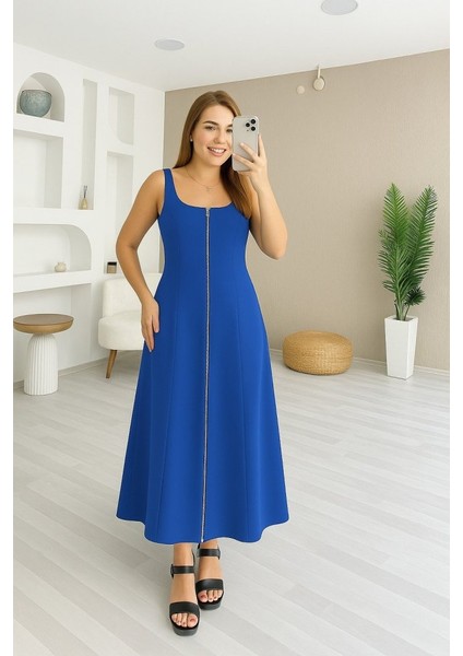 Kadın Askılı Kare Yaka Önden Fermuarlı Geniş Kesim Janjan Krep Elbise fiyatları