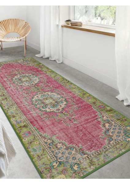 Vitage Yeşil Pempe Çiçek Desenli Eskitme Model Dokuma Taban Kilim fırsatları