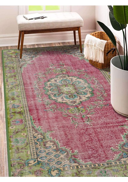 Vitage Yeşil Pempe Çiçek Desenli Eskitme Model Dokuma Taban Kilim modelleri