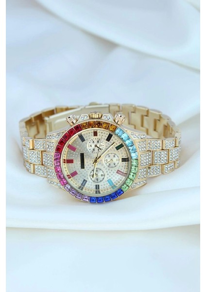 Clariss Trend Gold Metal Kordonlu Zirkon Taş Kaplama Renkli Taşlı Kasa Tasarımlı Lüx Kadın Kol Saati fiyatları