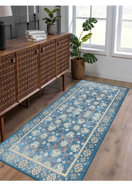 Vitage Mavi Klasik Desen Eskitme Model Dokuma Taban Kilim fırsatları
