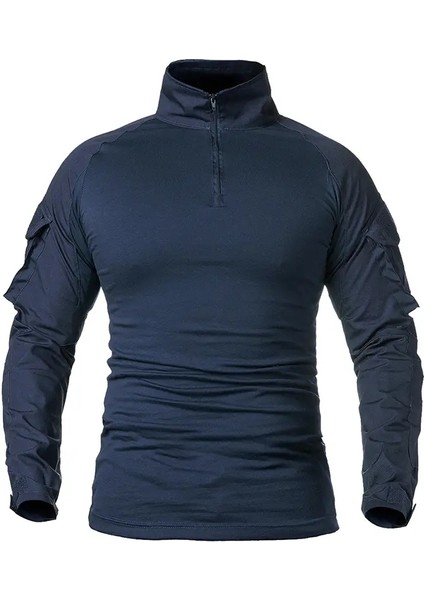 Erkekler Uzun Kollu Savaş Gömlek 1/4 Fermuarı Ripstop Pamuk Taktik Gömlek Lacivert Camoufalge T Shirt Renk: Lacivert/boyut: Cn M (Yurt Dışından)