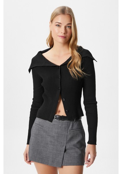 Kadın Terra Fitilli Siyah Düğmeli Triko Hırka