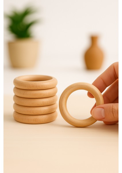 100 Adet 5cm Ham - Doğal Ahşap Halka, Diş Kaşıyıcı , 50MM