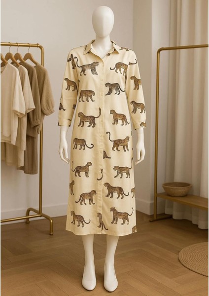 Kadın Krem Rengi Leopar Desenli Boydan Düğmeli Gömlek Yaka Uzun Kollu Midi-Boy Elbise Small Beden