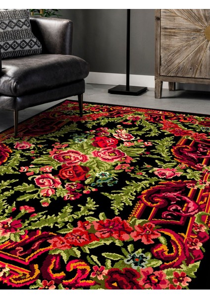 Vitage Karabağ Çiçek Eskitme Model Dokuma Taban Kilim