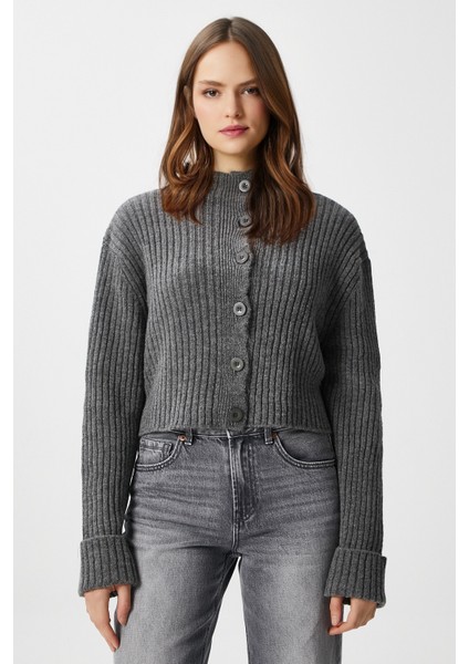 Kadın Wendy Yumuşak Doku Dik Yaka Antrasit Triko Hırka