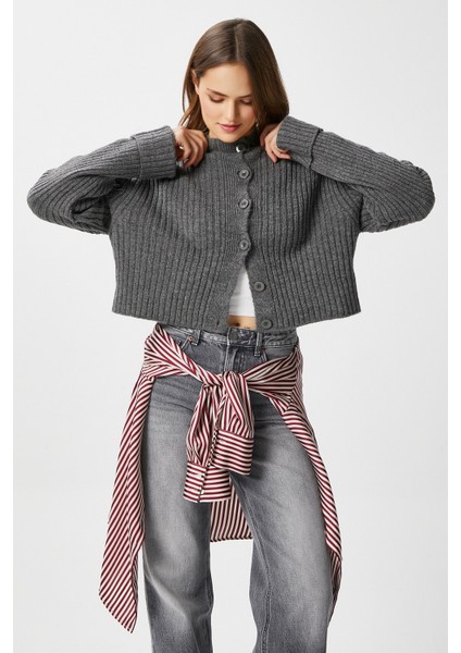 Kadın Wendy Yumuşak Doku Dik Yaka Antrasit Triko Hırka fırsatları