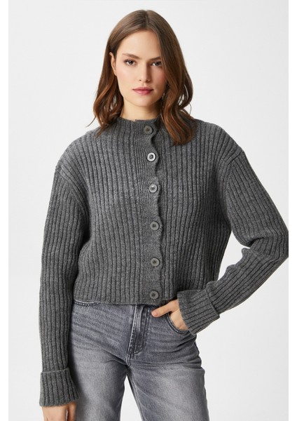 Kadın Wendy Yumuşak Doku Dik Yaka Antrasit Triko Hırka