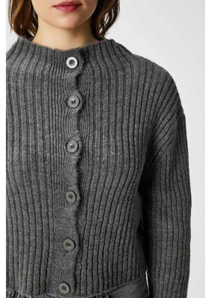 Kadın Wendy Yumuşak Doku Dik Yaka Antrasit Triko Hırka