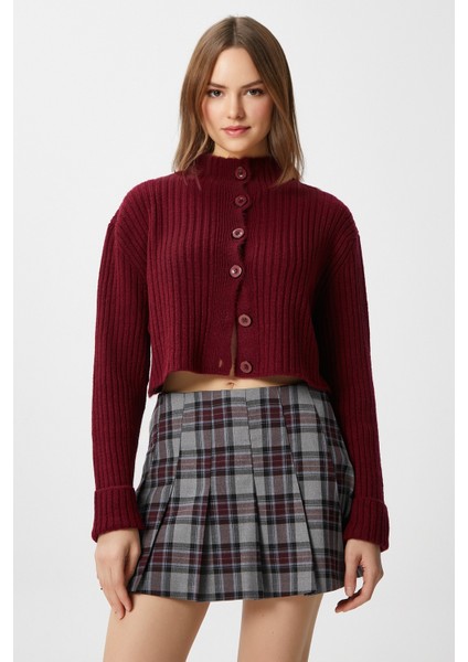 Kadın Wendy Yumuşak Doku Dik Yaka Bordo Triko Hırka