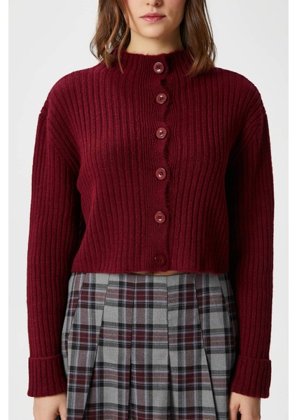 Kadın Wendy Yumuşak Doku Dik Yaka Bordo Triko Hırka