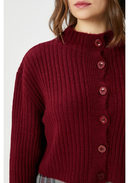 Kadın Wendy Yumuşak Doku Dik Yaka Bordo Triko Hırka