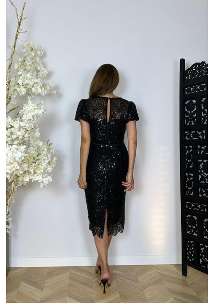 G1483 Payet ve Inci Işlemeli Tasarım Abiye Elbise Siyah modelleri