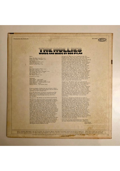 The Hollies - Words And Music By Bob Dylan - Dönem Baskı Plak fiyatları