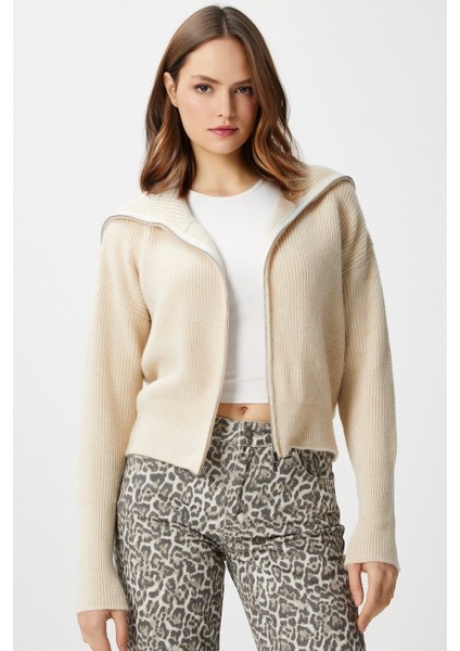 Kadın Woody Açık Bej Çift Taraf Fermuarlı Polo Triko Hırka