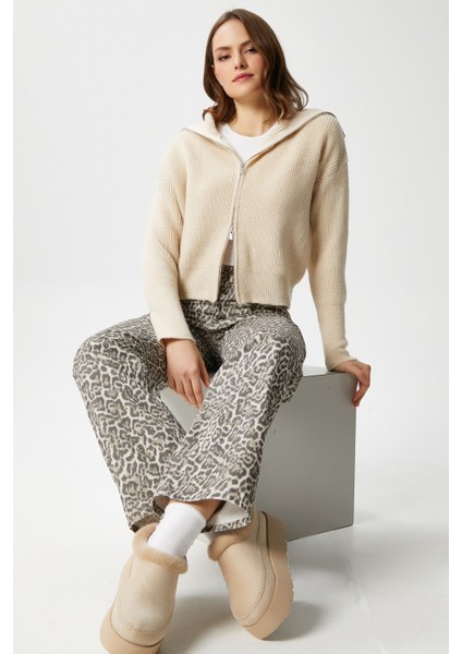 Kadın Woody Açık Bej Çift Taraf Fermuarlı Polo Triko Hırka