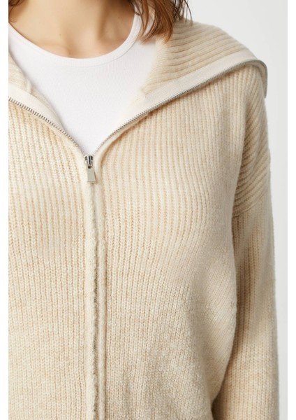 Kadın Woody Açık Bej Çift Taraf Fermuarlı Polo Triko Hırka