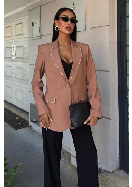 taş Detaylı ve Kruvaze Yakalı Viskon kadın Blazer Ceket Camel