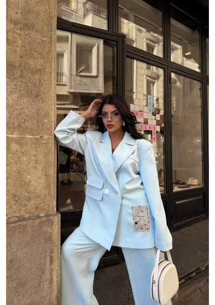 Tasarım Etiket Detaylı Ceket - Pantolon Takım - Bebe Mavi