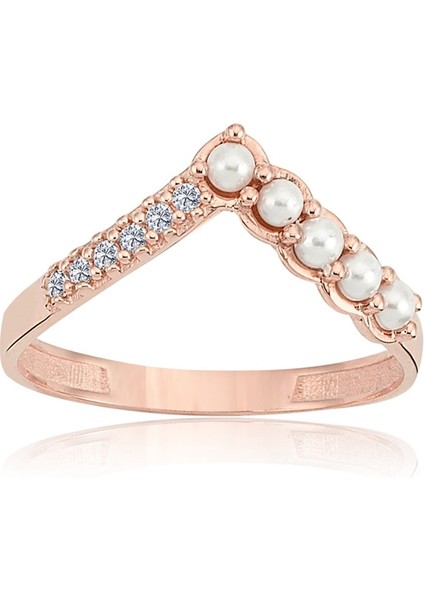 V Minimal İncili Tasarım 925 Ayar Eklem Yüzüğü-İncili 925 Ayar Gümüş Yüzük-Hediye Gümüş Yüzük