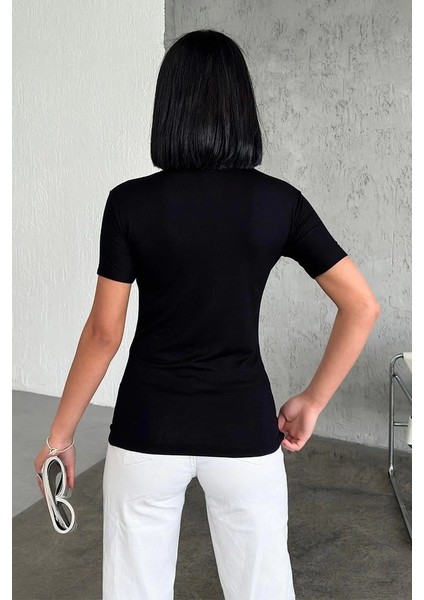 Rahat ve Şık Kısa Kollu Bisiklet Yaka Likralı Viskon Penye Body Siyah modelleri