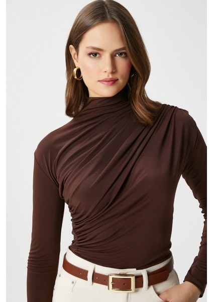 Kadın Moon Büzgülü Kahverengi Sandy Bluz