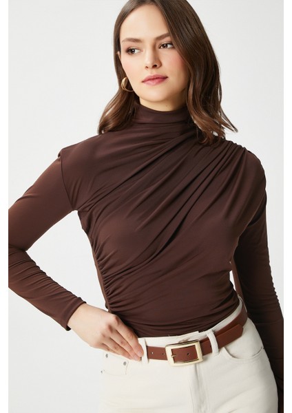 Kadın Moon Büzgülü Kahverengi Sandy Bluz modelleri