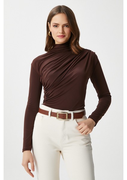 Kadın Moon Büzgülü Kahverengi Sandy Bluz