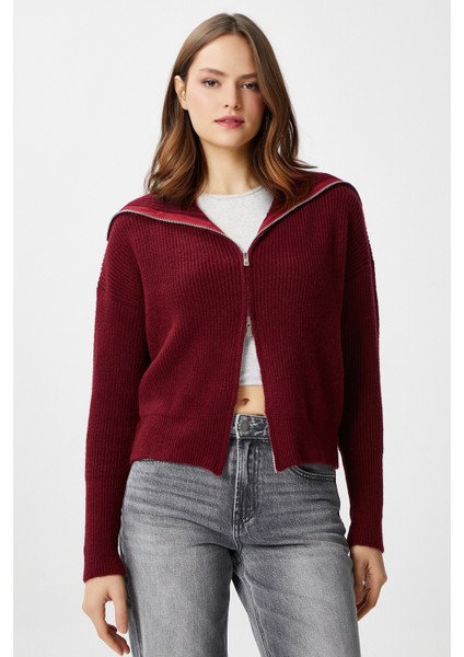 Kadın Woody Bordo Çift Taraf Fermuarlı Polo Triko Hırka