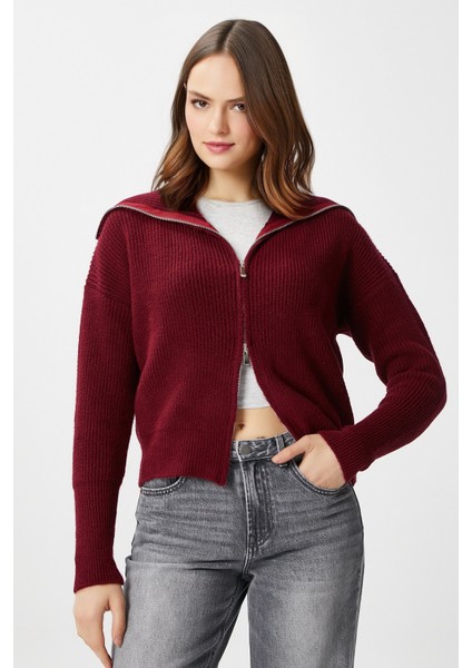 Kadın Woody Bordo Çift Taraf Fermuarlı Polo Triko Hırka