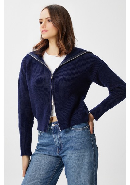 Kadın Woody Lacivert Çift Taraf Fermuarlı Polo Triko Hırka