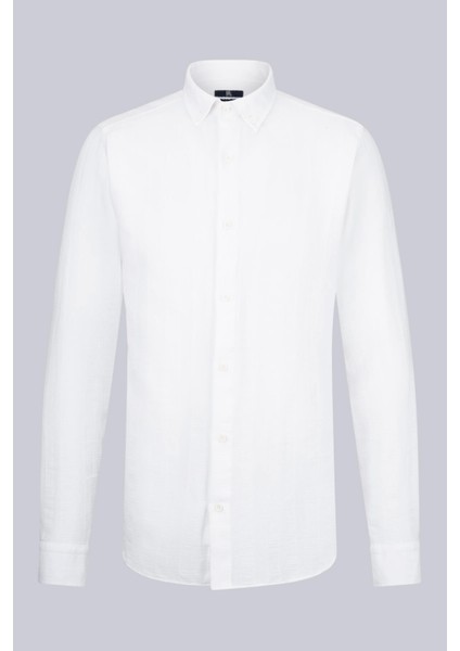 Beyaz Comfort Fit Düğmeli Yaka Uzun Kollu Pamuklu Gömlek