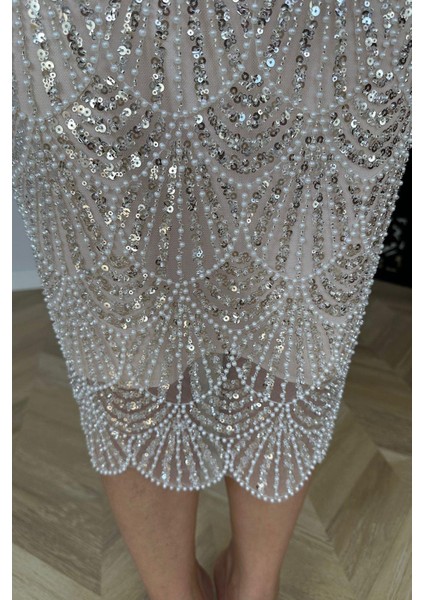 G1483 Payet ve Inci Işlemeli Tasarım Abiye Elbise Krem fırsatları