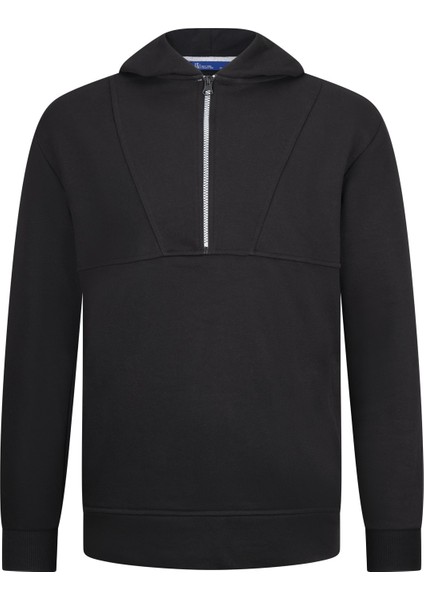 Siyah Regular Fit Fermuarlı Kapüşonlu Sweatshirt