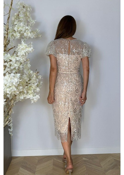 G1483 Payet ve Inci Işlemeli Tasarım Abiye Elbise Krem indirimleri