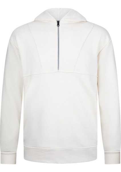 Beyaz Regular Fit Fermuarlı Kapüşonlu Sweatshirt