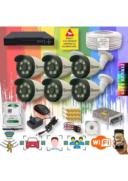 6 Kameralı Set - Yapay Zeka Özellikli Gece Renkli Gösteren 8 Warm Ledli TurboHD Güvenlik Kamerası Seti 3908W-108
